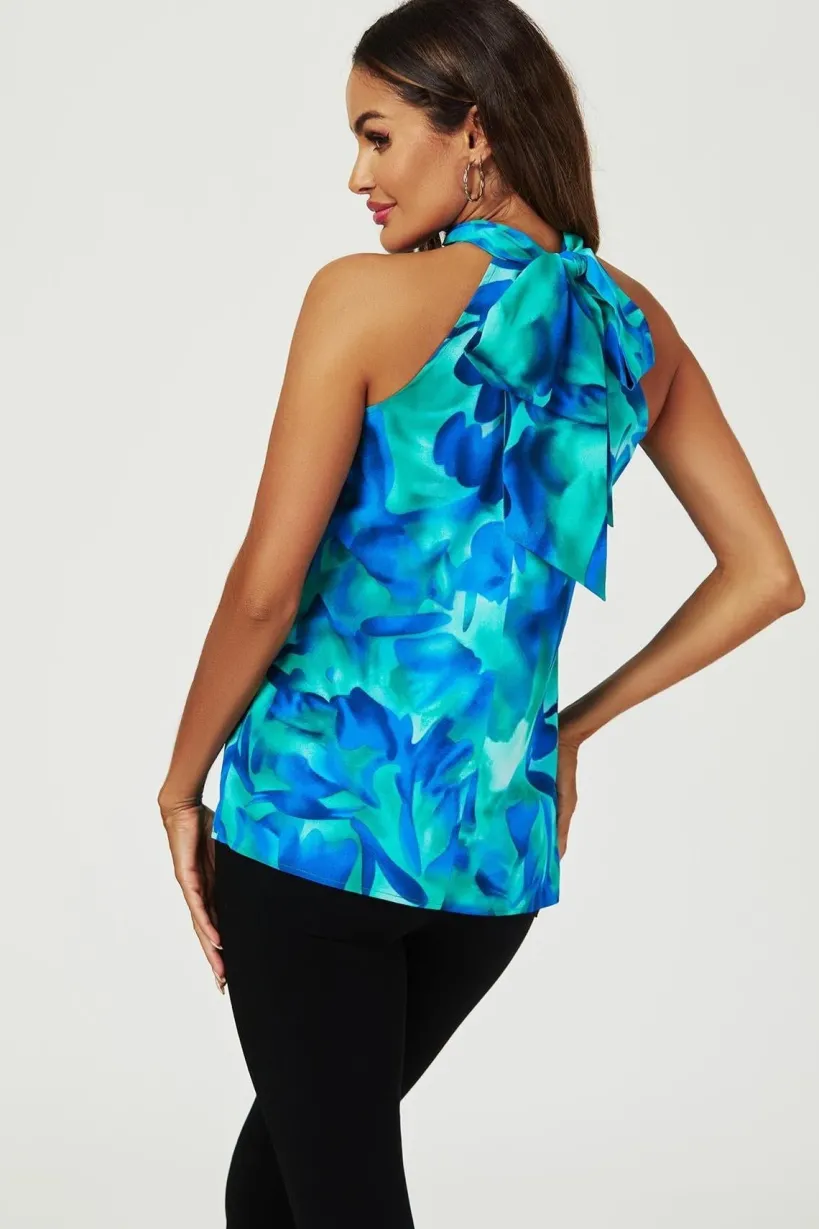 Abstract Floral Print Halter Neck Tie Back Top In Blue by FS Collection