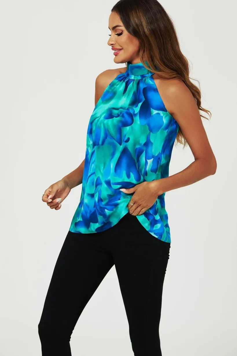 Abstract Floral Print Halter Neck Tie Back Top In Blue by FS Collection