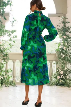 Abstract Floral Print Long Sleeve Midi Dress In Green by FS Collection