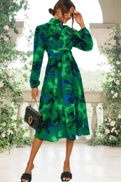 Abstract Floral Print Long Sleeve Midi Dress In Green by FS Collection