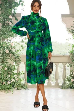 Abstract Floral Print Long Sleeve Midi Dress In Green by FS Collection