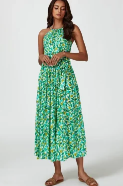 Abstract Print Tie Halterneck Maxi Dress In Green by FS Collection