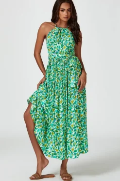 Abstract Print Tie Halterneck Maxi Dress In Green by FS Collection