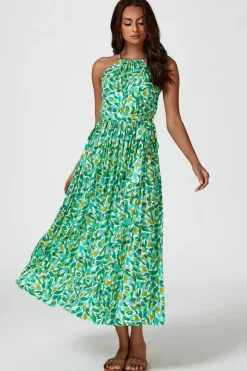 Abstract Print Tie Halterneck Maxi Dress In Green by FS Collection