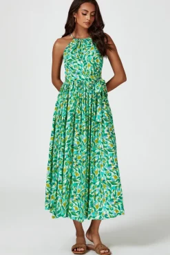 Abstract Print Tie Halterneck Maxi Dress In Green by FS Collection