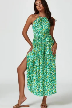 Abstract Print Tie Halterneck Maxi Dress In Green by FS Collection