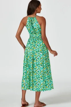 Abstract Print Tie Halterneck Maxi Dress In Green by FS Collection