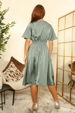 A-Line Satin Wrap Dress With Tea Sleeves by Double Second