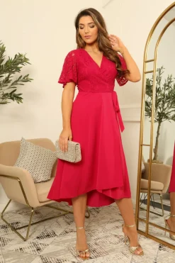 Angel Sleeve Lace High Low Hem True Wrap Dress by Double Second