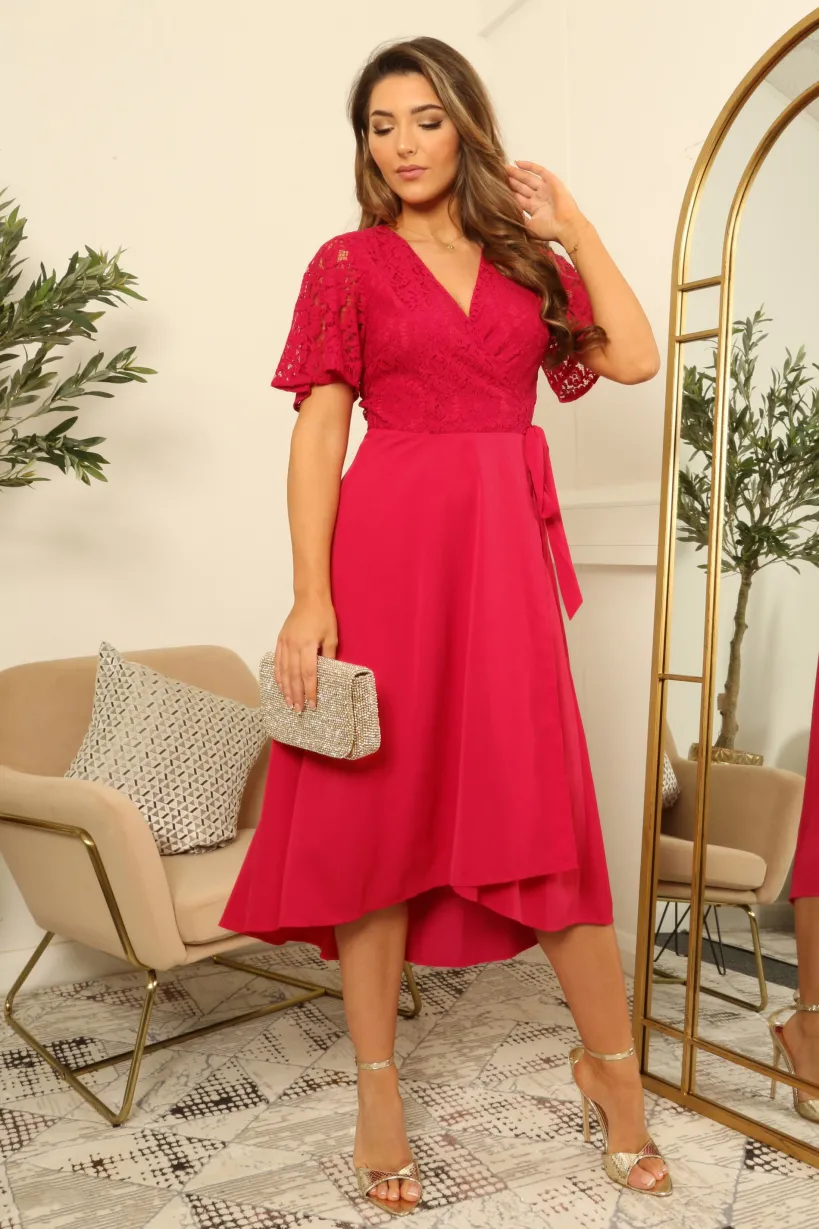 Angel Sleeve Lace High Low Hem True Wrap Dress by Double Second