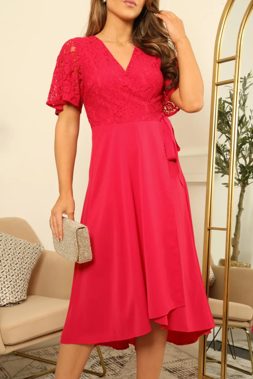Angel Sleeve Lace High Low Hem True Wrap Dress by Double Second