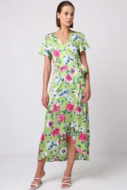 Angel Sleeve Tie Wrap Dress In Green Floral Print by Angeleye