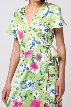 Angel Sleeve Tie Wrap Dress In Green Floral Print by Angeleye