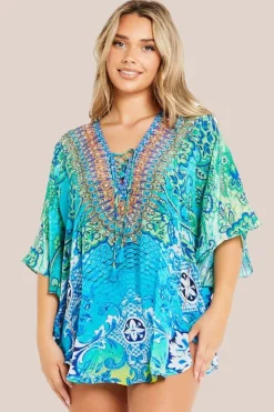 Aqua Blue Floral Short Beach Dress Kaftan by Aftershock London