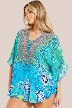 Aqua Blue Floral Short Beach Dress Kaftan by Aftershock London