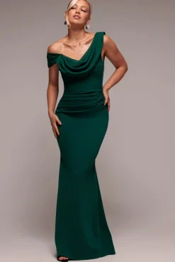 Asymmetric Chiffon Cowl Neck Scuba Maxi Dress - Emerald Green by Goddiva