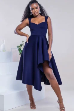 Asymmetric Flared Hem Midi Dress - Navy by Goddiva
