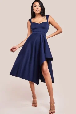 Asymmetric Flared Hem Midi Dress - Navy by Goddiva