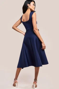 Asymmetric Flared Hem Midi Dress - Navy by Goddiva
