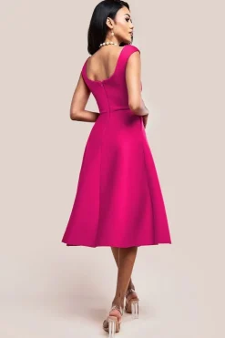 Asymmetric Flared Hem Midi Dress - Magenta by Goddiva