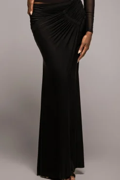 Asymmetric Gathered Front Split Maxi Skirt - Black by Goddiva