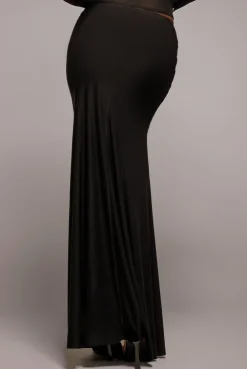 Asymmetric Gathered Front Split Maxi Skirt - Black by Goddiva