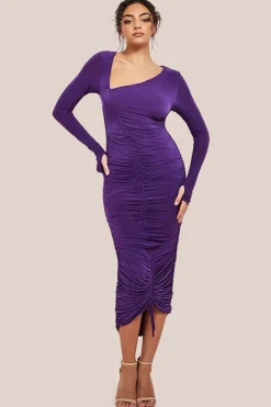 Asymmetrical Neck Ruched Midi Dress - Purple by City Goddess