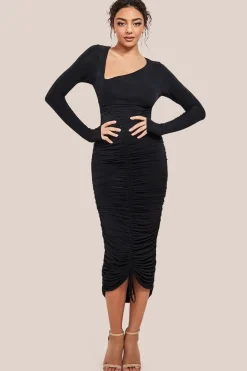 Asymmetrical Neck Ruched Midi Dress - Black by City Goddess