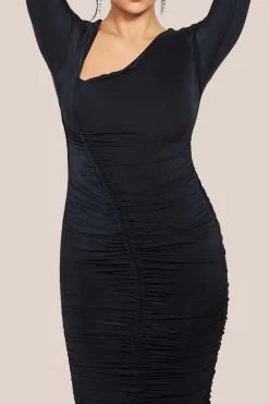 Asymmetrical Neck Ruched Midi Dress - Black by City Goddess