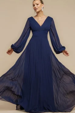Balloon Sleeve Chiffon Maxi Dress - Navy Blue by Goddiva