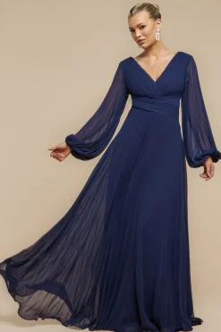 Balloon Sleeve Chiffon Maxi Dress - Navy Blue by Goddiva