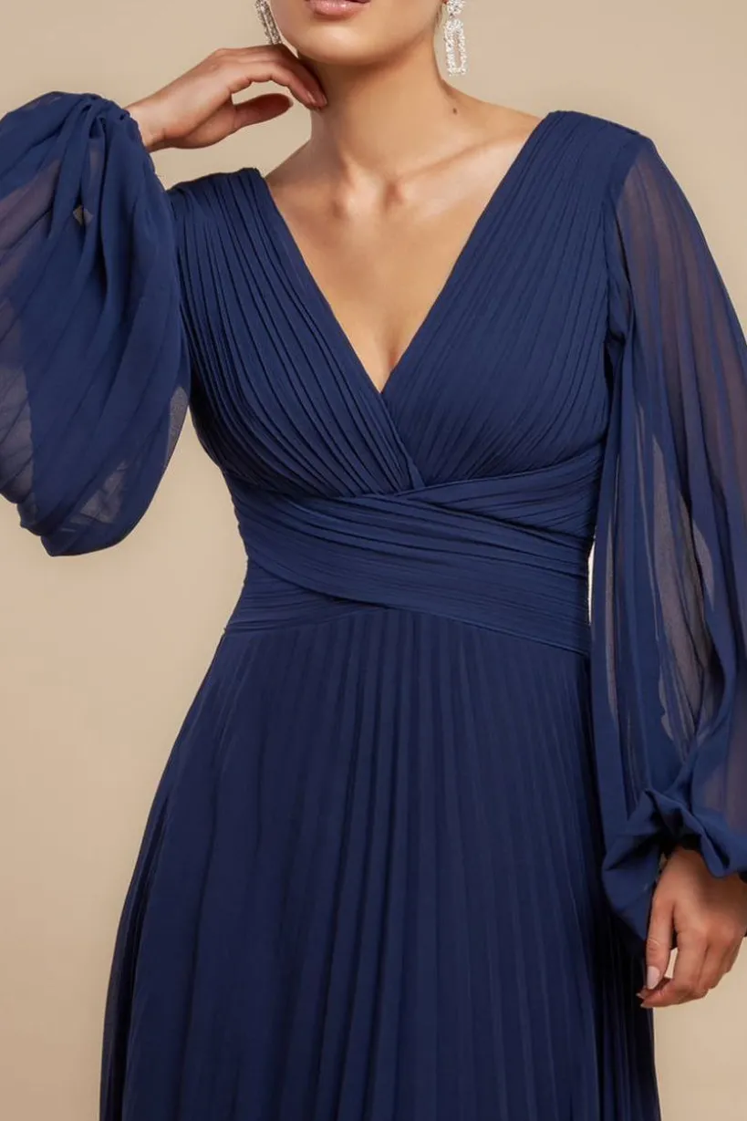 Balloon Sleeve Chiffon Maxi Dress - Navy Blue by Goddiva
