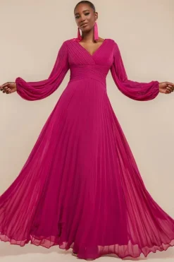 Balloon Sleeve Chiffon Maxi Dress - Magenta by Goddiva
