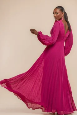 Balloon Sleeve Chiffon Maxi Dress - Magenta by Goddiva