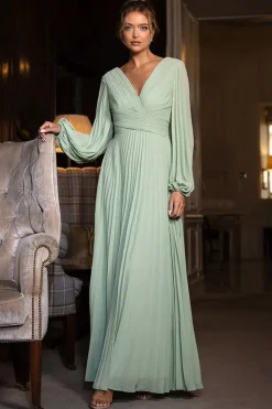 Balloon Sleeve Chiffon Maxi Dress - Sage Green by Goddiva