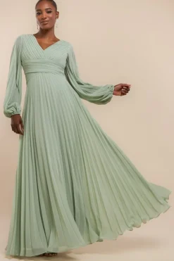 Balloon Sleeve Chiffon Maxi Dress - Sage Green by Goddiva