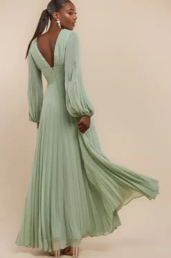 Balloon Sleeve Chiffon Maxi Dress - Sage Green by Goddiva