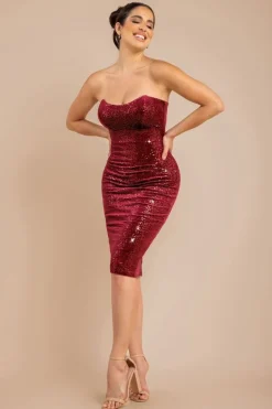 Bandeau Sequin & Velvet Midi Dress - Wine by Goddiva