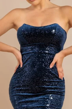 Bandeau Sequin & Velvet Midi Dress - Navy by Goddiva