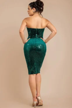 Bandeau Sequin & Velvet Midi Dress - Emerald Green by Goddiva