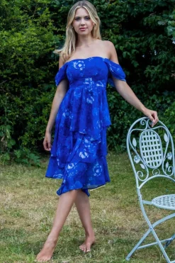 Bardot Asymmetric Handkerchief Tier Midaxi - Blue by Goddiva