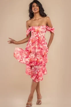 Bardot Asymmetric Handkerchief Tier Midaxi - Blush by Goddiva
