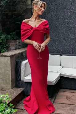 Bardot Bow Neck Maxi Dress - Red by Goddiva