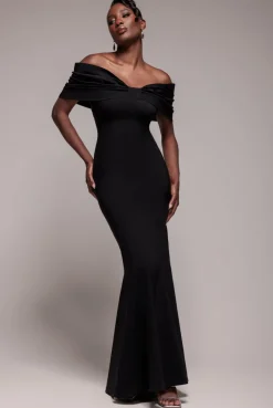 Bardot Bow Neck Maxi Dress - Black by Goddiva