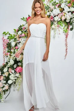 Bardot Chiffon Wedding Dress With Belt - White by Goddiva