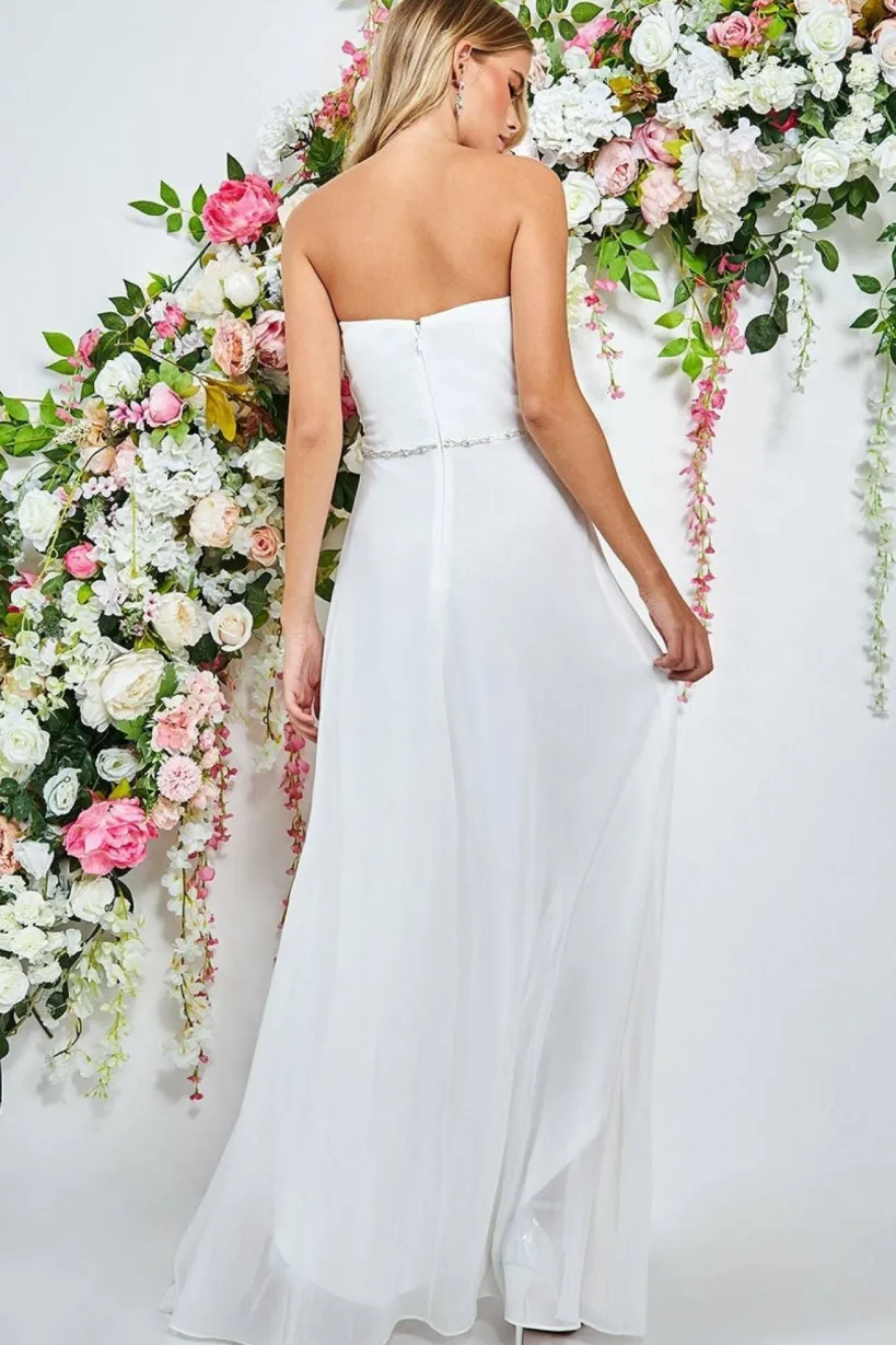 Bardot Chiffon Wedding Dress With Belt - White by Goddiva