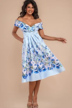 Bardot Floral Print A-Line Scuba Foam Midi Dress - Blue by Goddiva
