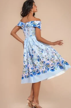 Bardot Floral Print A-Line Scuba Foam Midi Dress - Blue by Goddiva
