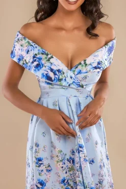 Bardot Floral Print A-Line Scuba Foam Midi Dress - Blue by Goddiva