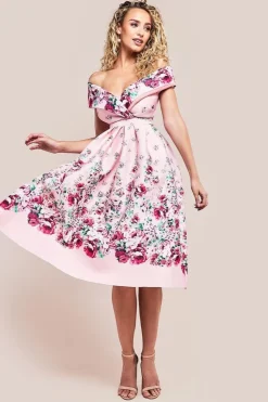 Bardot Floral Print A-Line Scuba Foam Midi Dress - Blush by Goddiva
